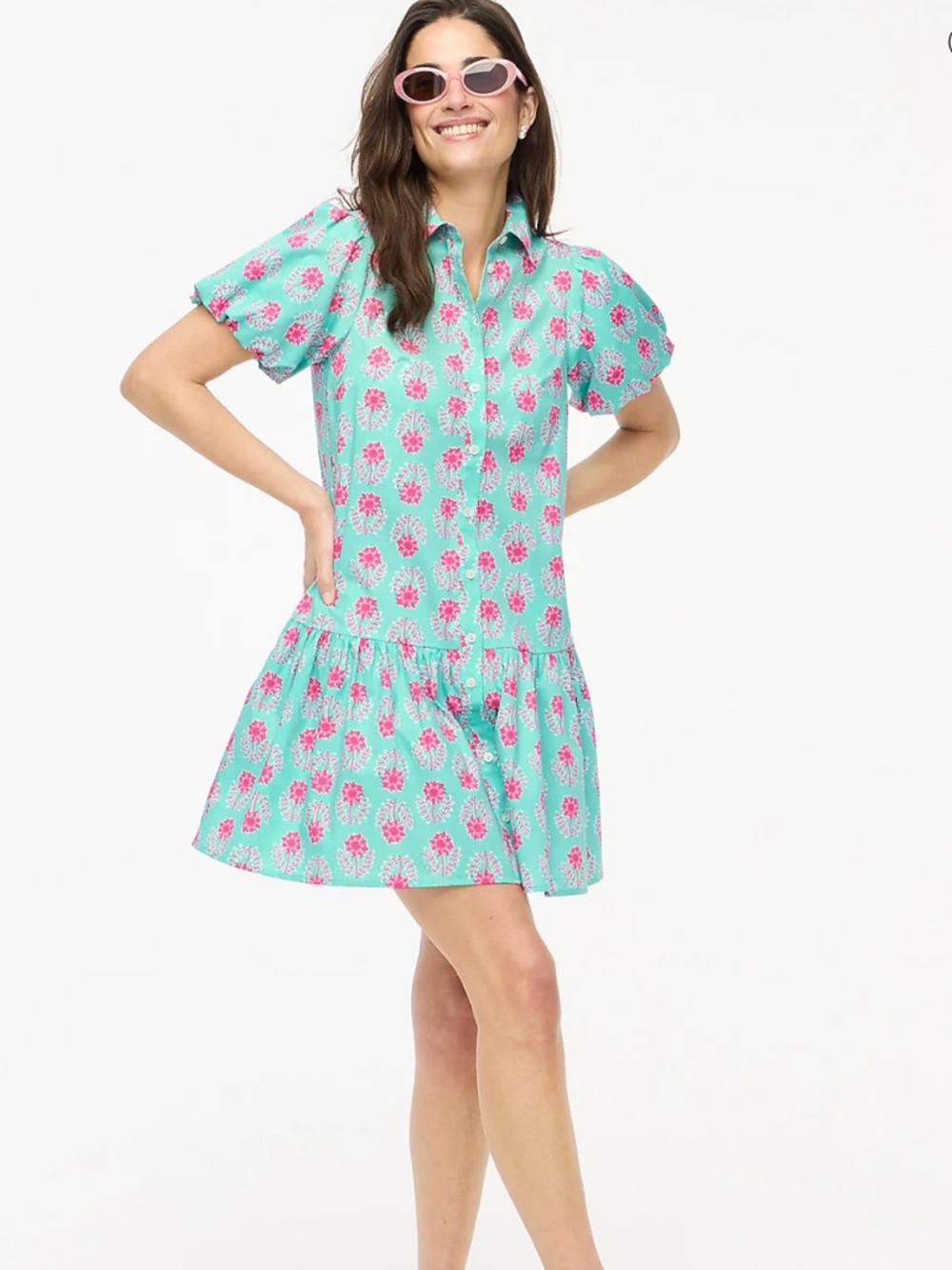 J. Crew Factory Aqua Floral Puff-Sleeve Shirt Dress